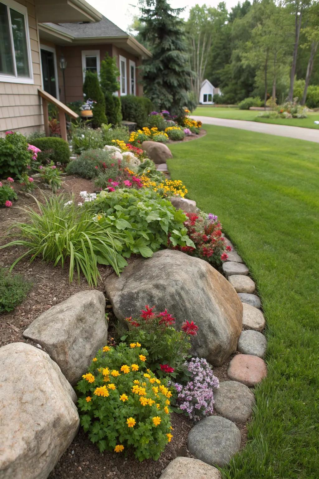 Define your garden beds with rustic rock edgings.