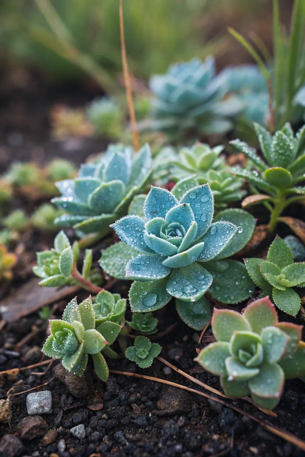 Using succulents as base cover creates seamless transitions in the garden.