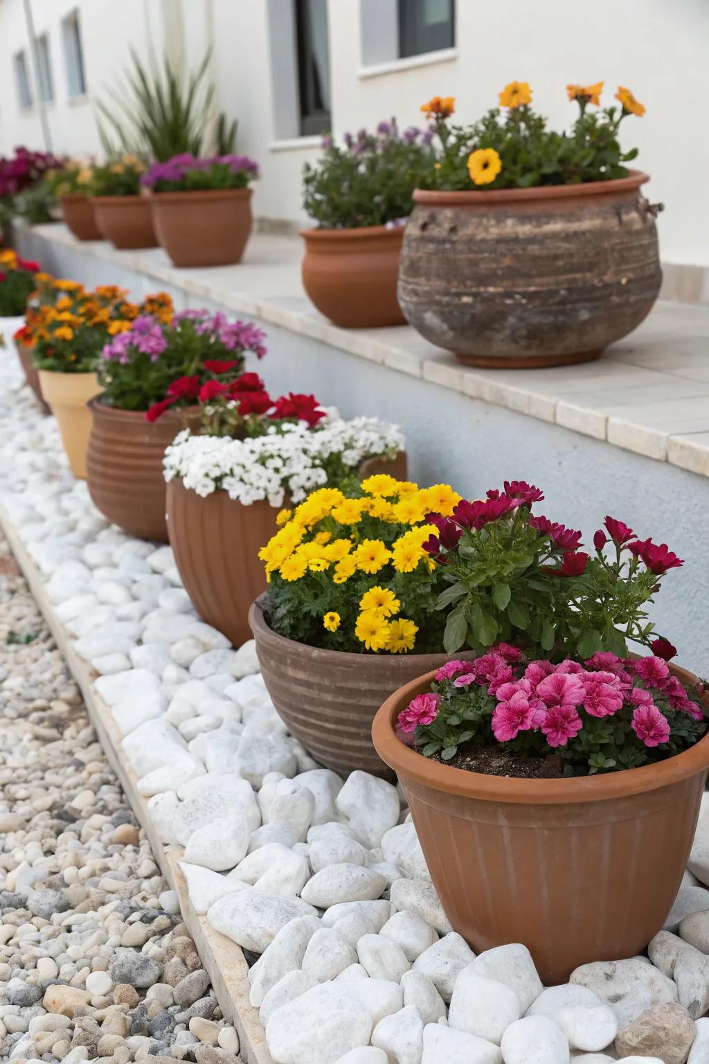 Decorative pots add height and interest to flat landscapes.