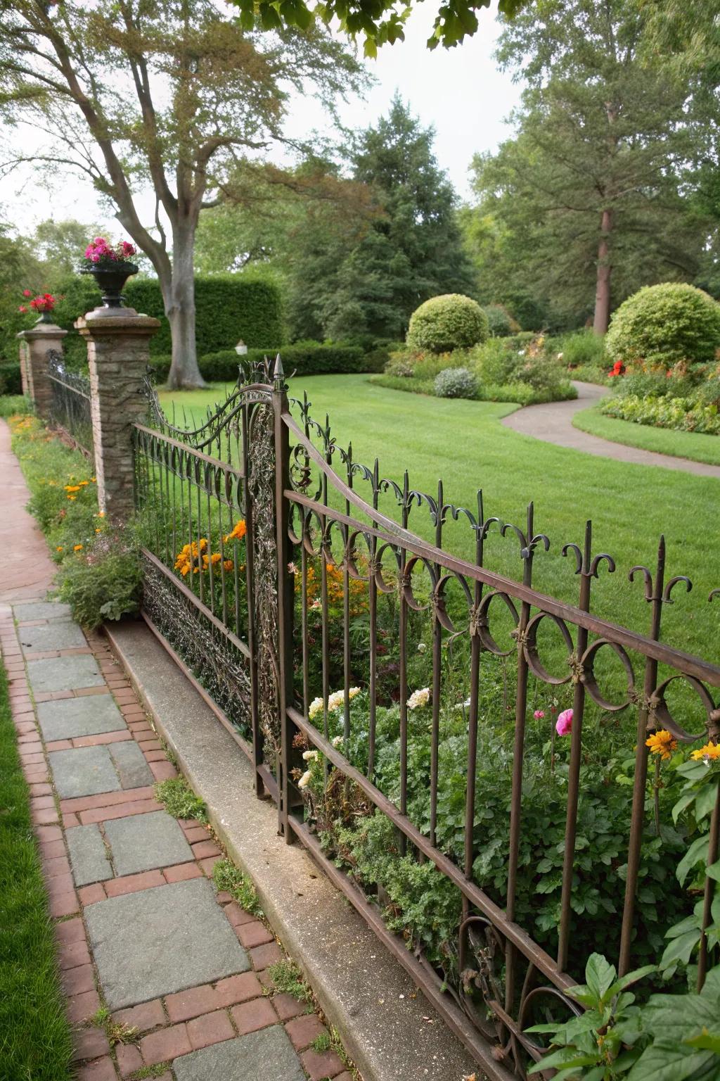 A low-profile forged metal barrier subtly enhancing a front yard garden.