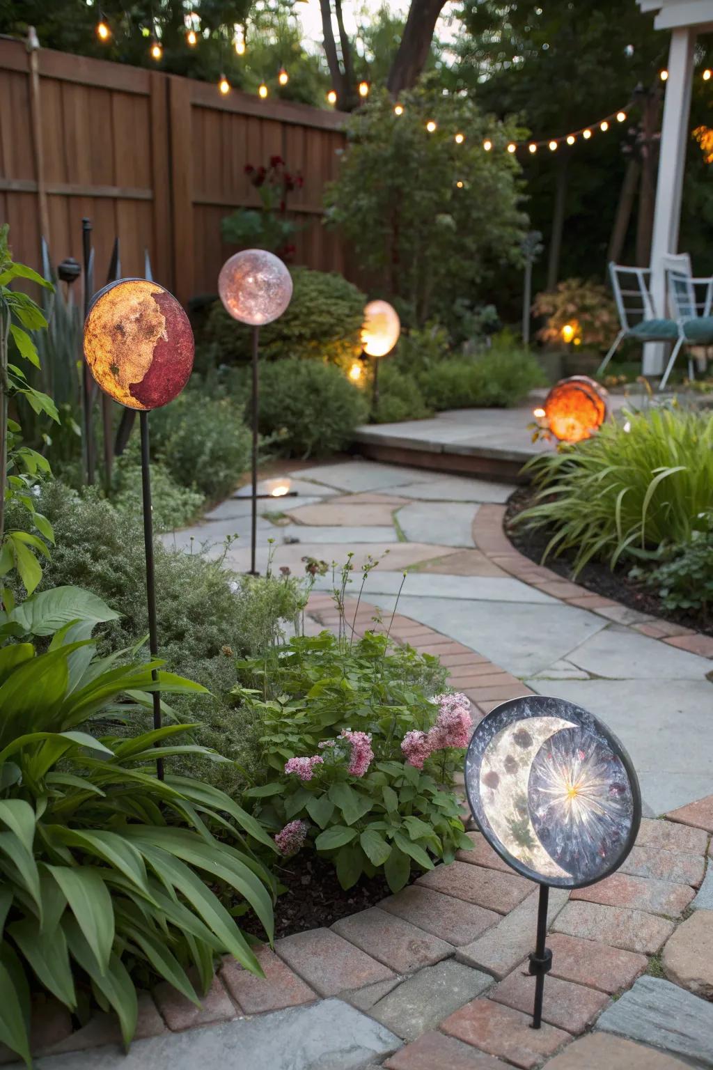Lunar cycle glass posts bestowing a hint of magic to the night garden.
