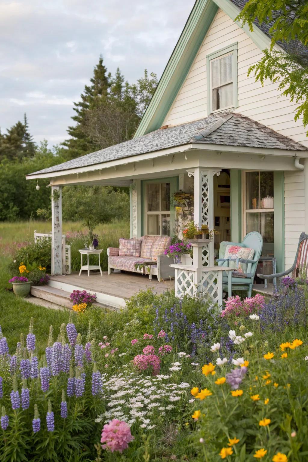 A cottage-inspired porch, a haven of tranquility and captivating charm.