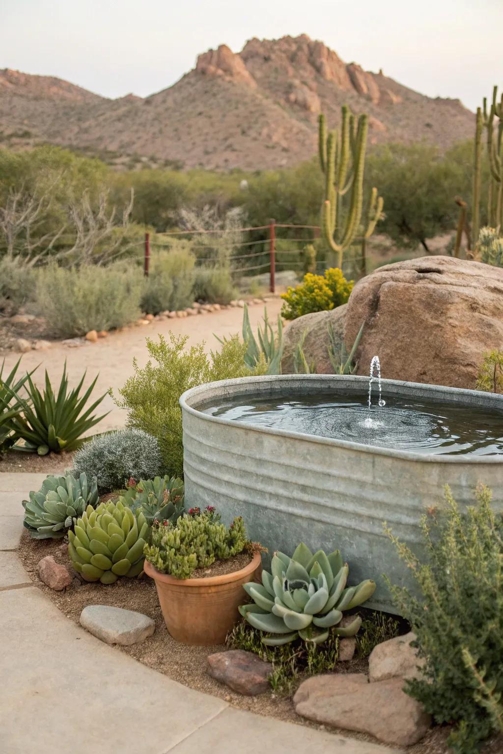 A harmonious intermingling of a galvanized trough fountain with nature.