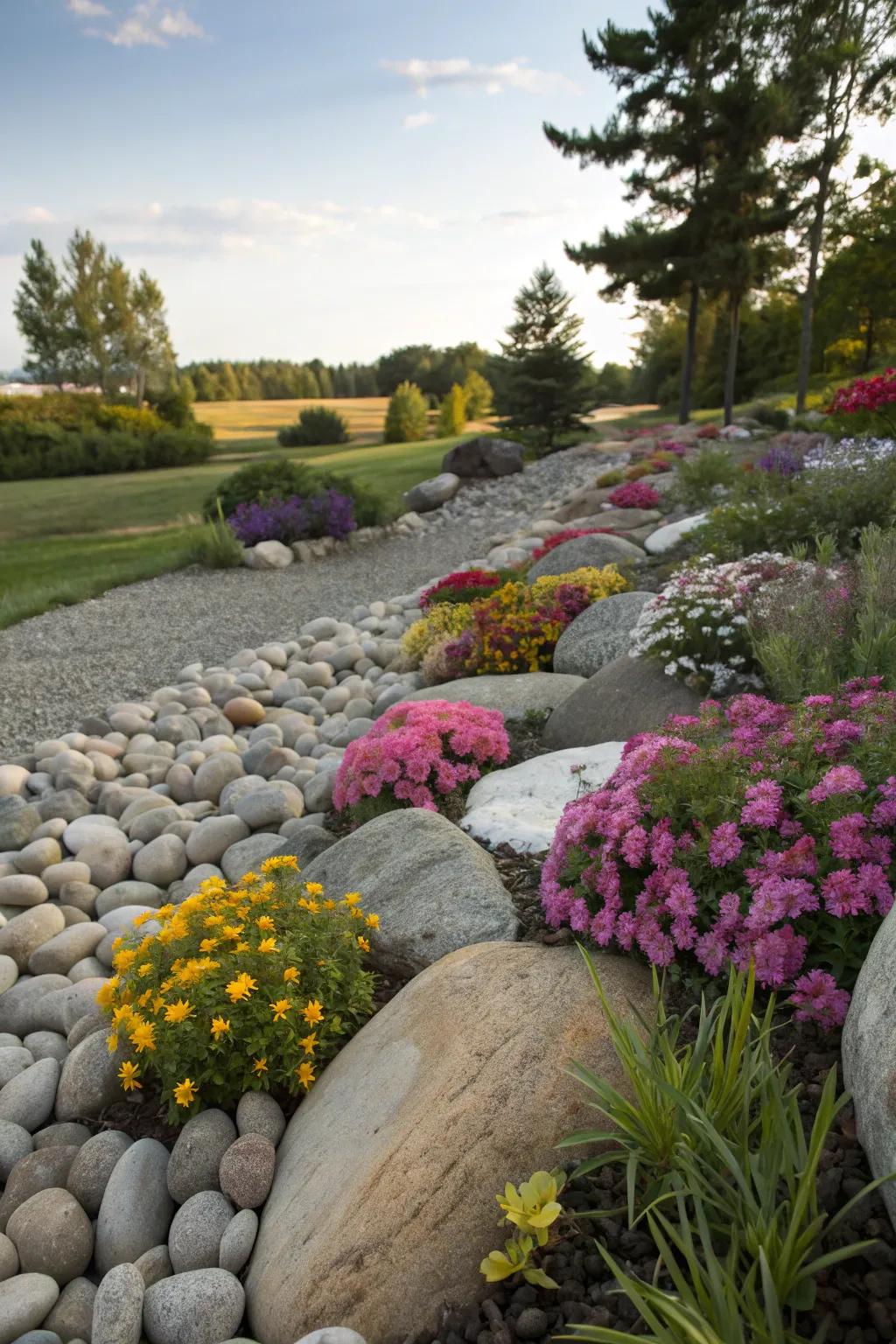 Incorporate stones to create a textured, natural garden edge.