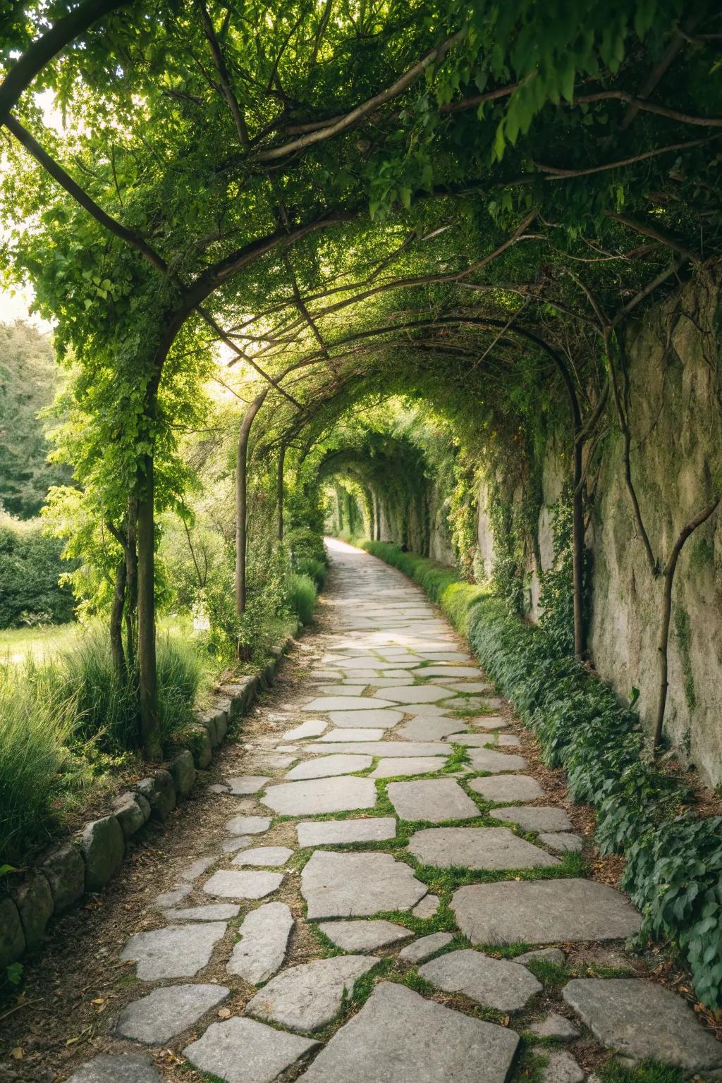Step into serenity with a stone pathway that leads to a world of natural beauty.