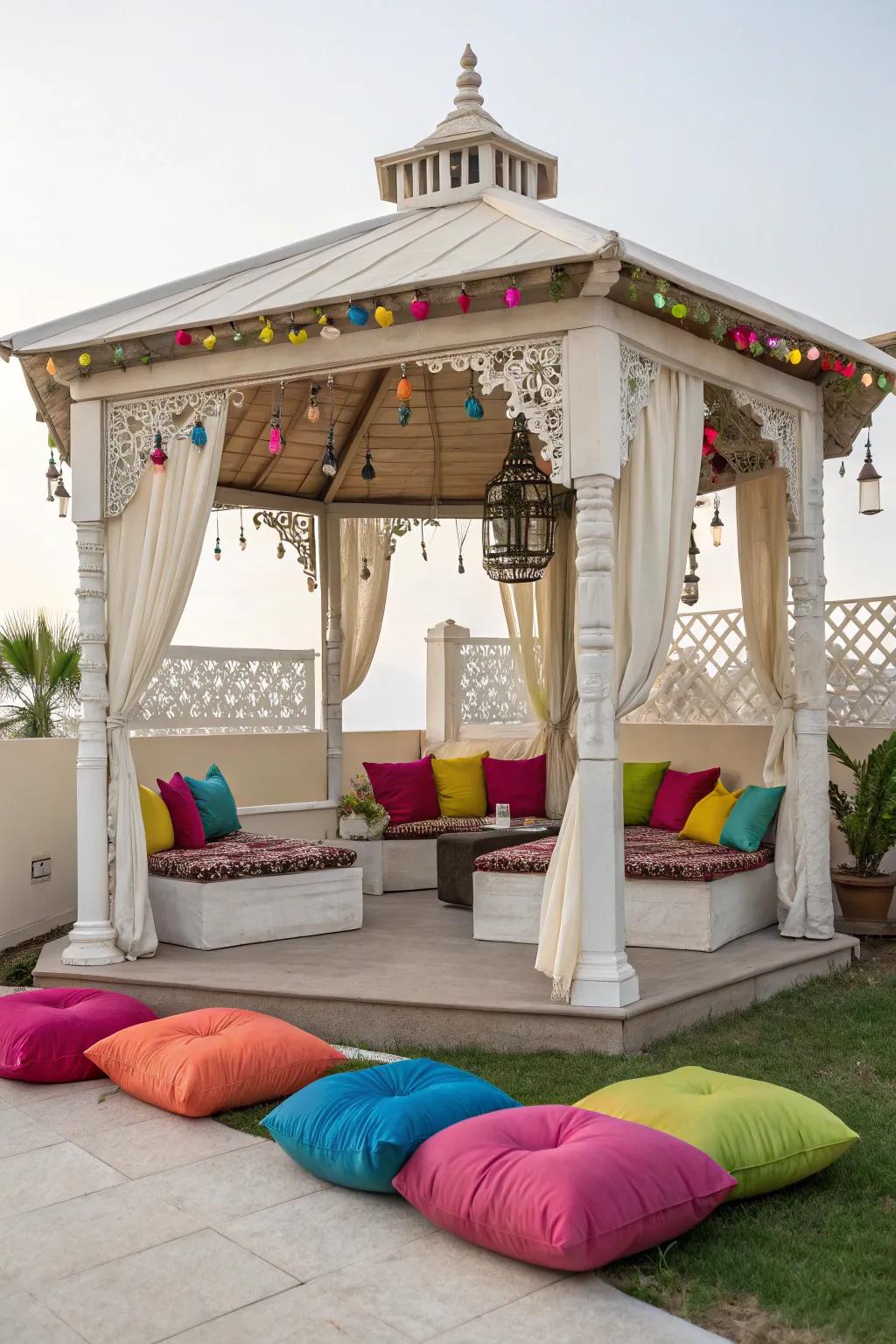 Bold colors add vibrancy to this neutral-toned gazebo.