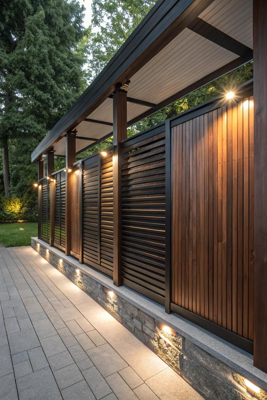 Elevate your outdoor space with a modern rustic privacy wall, blending rich wood and sleek metal for the perfect balance.