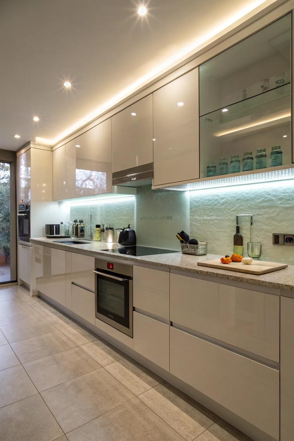 A glass backsplash with integrated lighting for enhanced functionality.