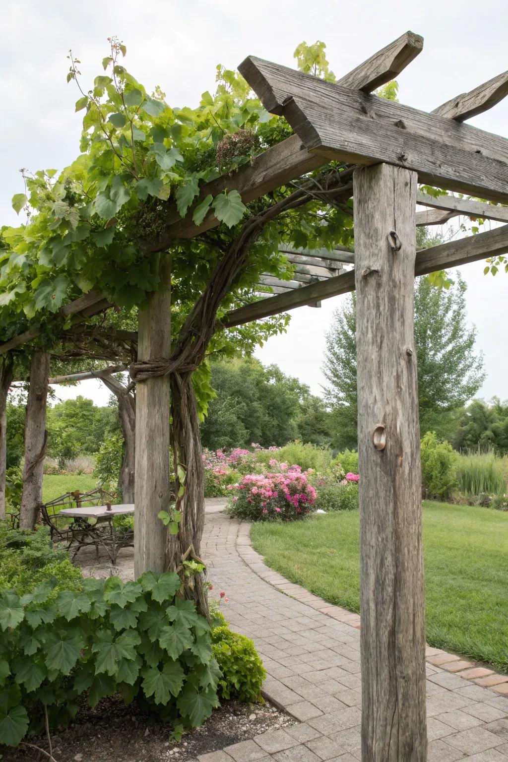 A charming handmade country timber arbor bursting with individuality.