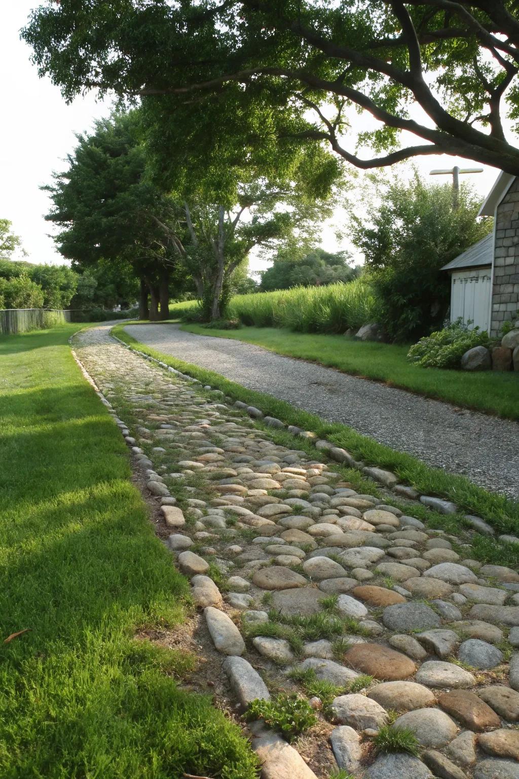 A rustic driveway where natural stone is beautifully combined with lush grass.