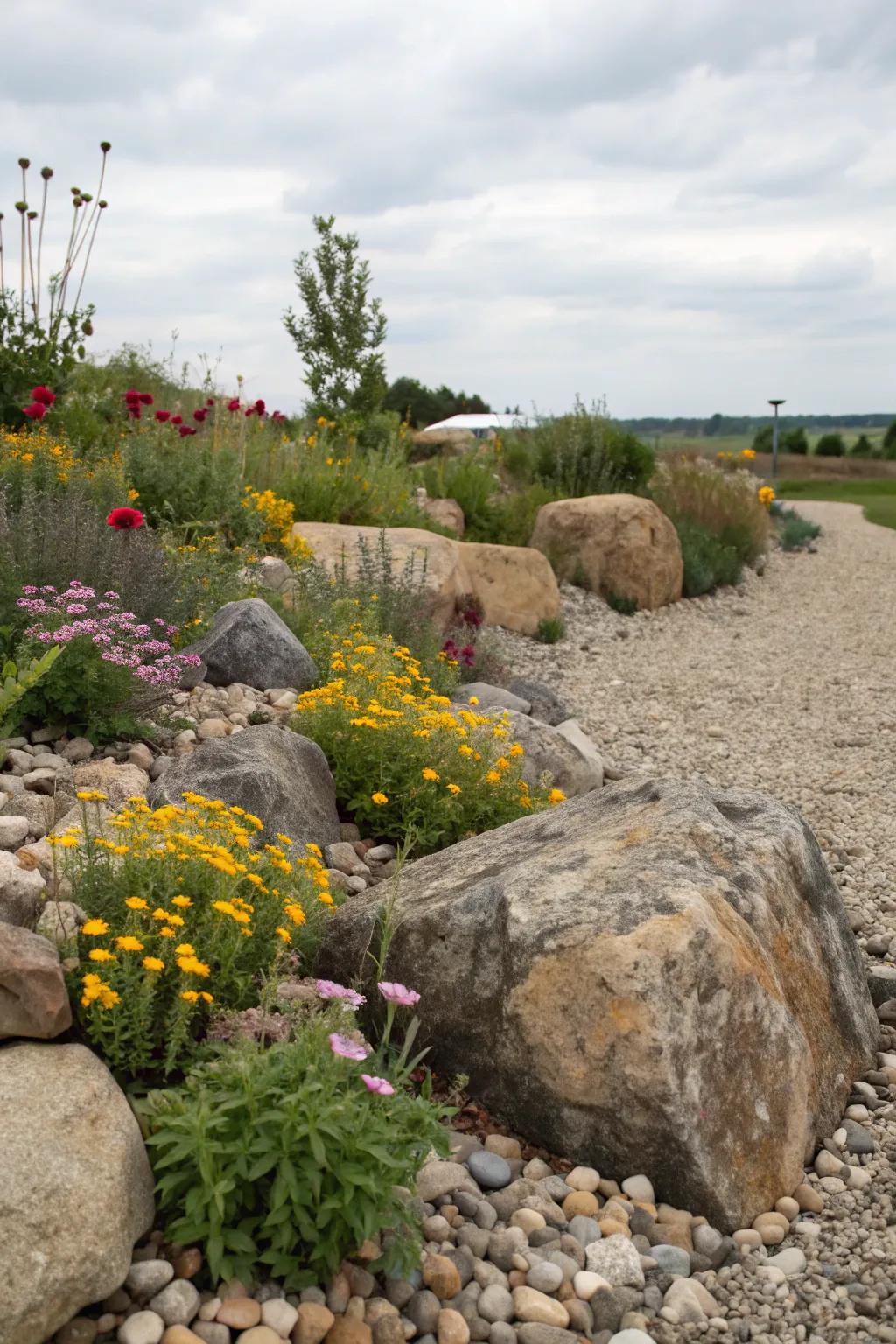 A rustic gravel garden bed enhanced by large stones