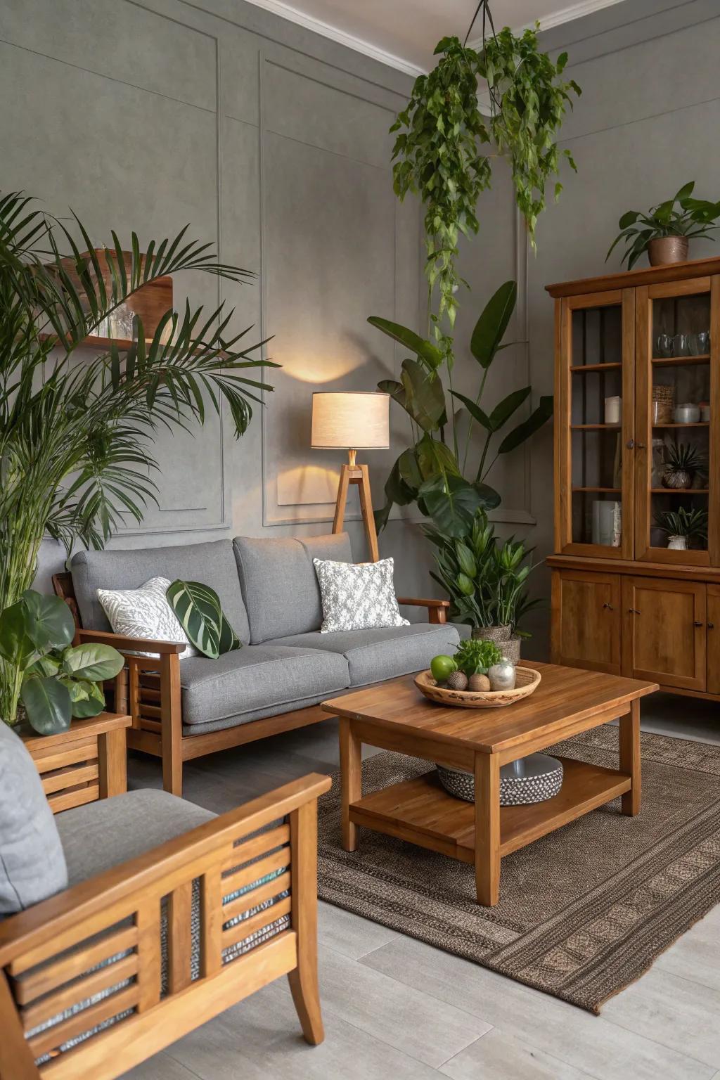 Natural elements warm up gray interiors.