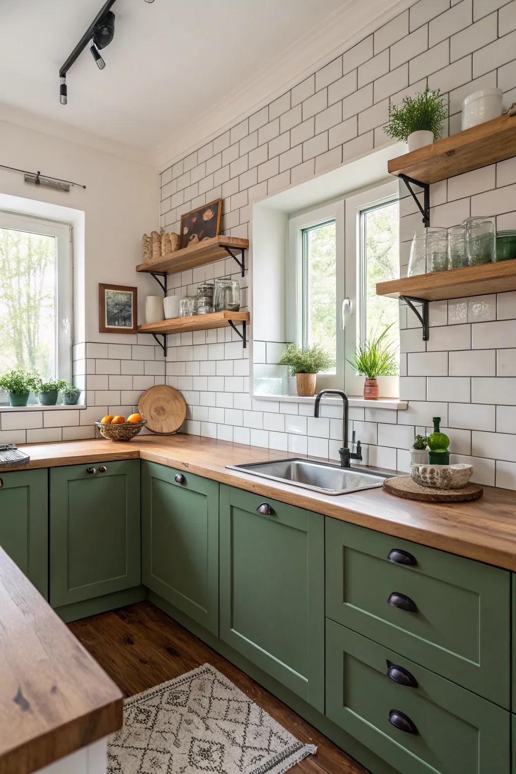 Green cabinets contrasted with pale tiles and wooden accents.