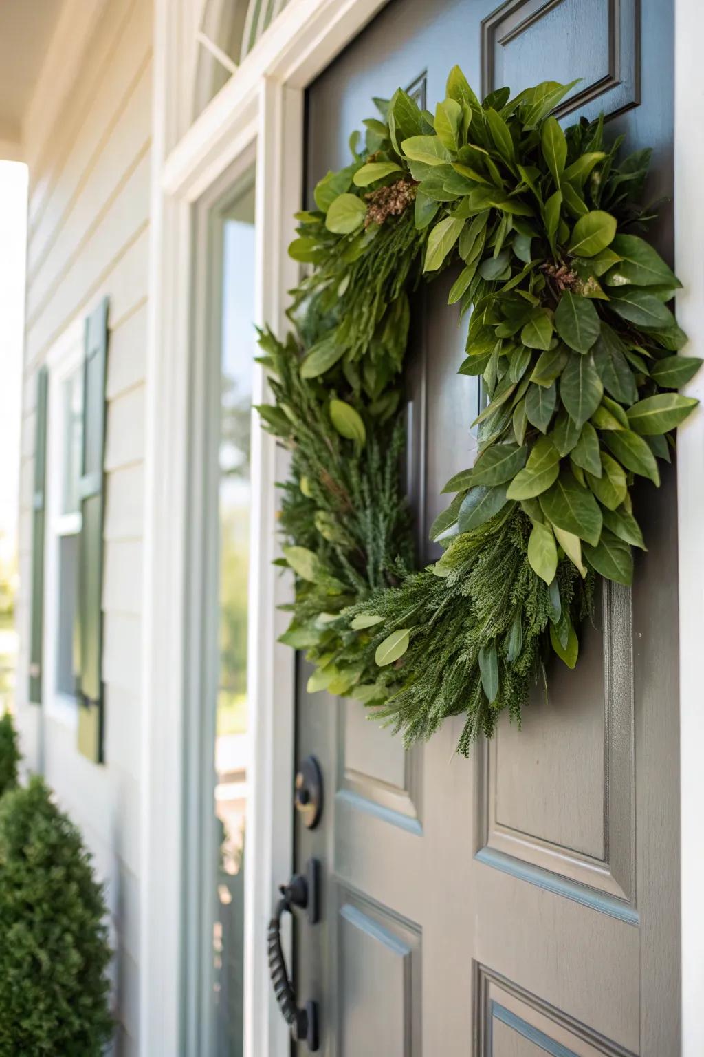 A green foliage ringlet fashions a friendly and inviting entry.