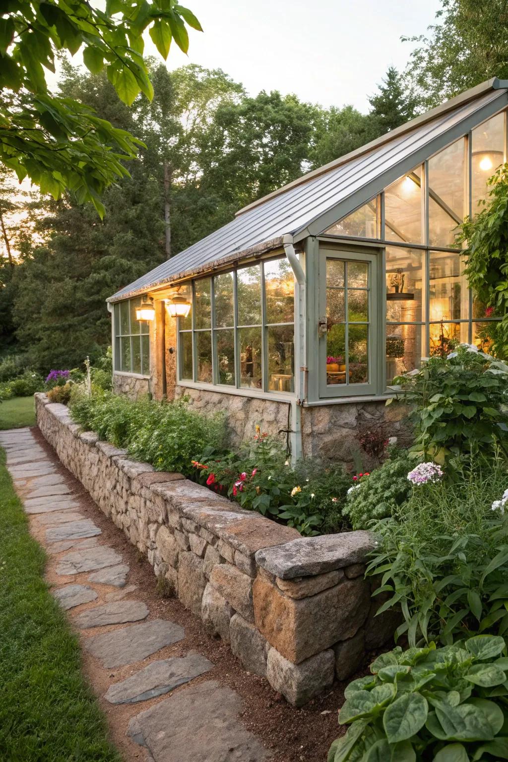 Natural rock aspects introduce charm to a greenhouse exterior.