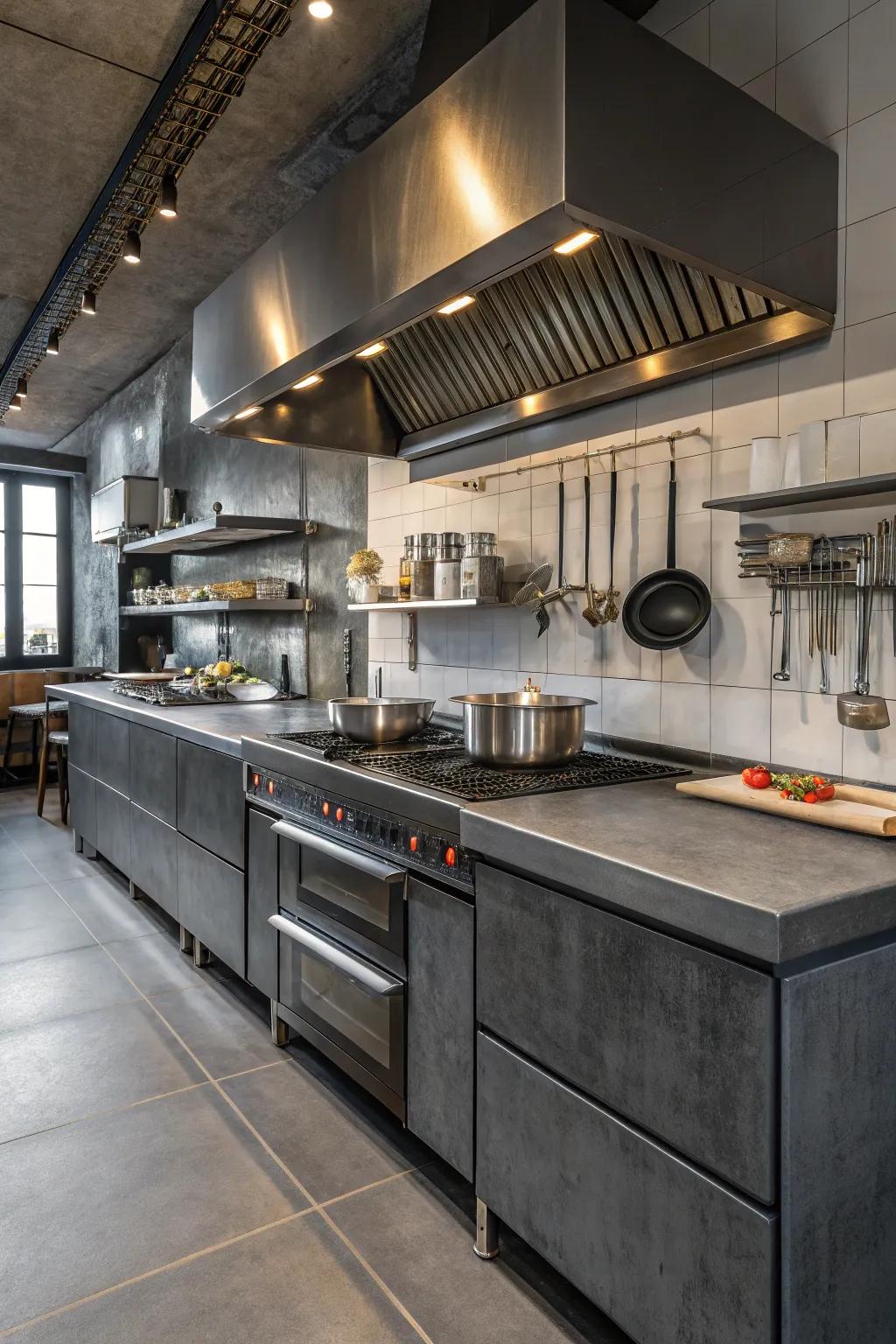 Industrial kitchen showcasing striking charcoal grey worktops.