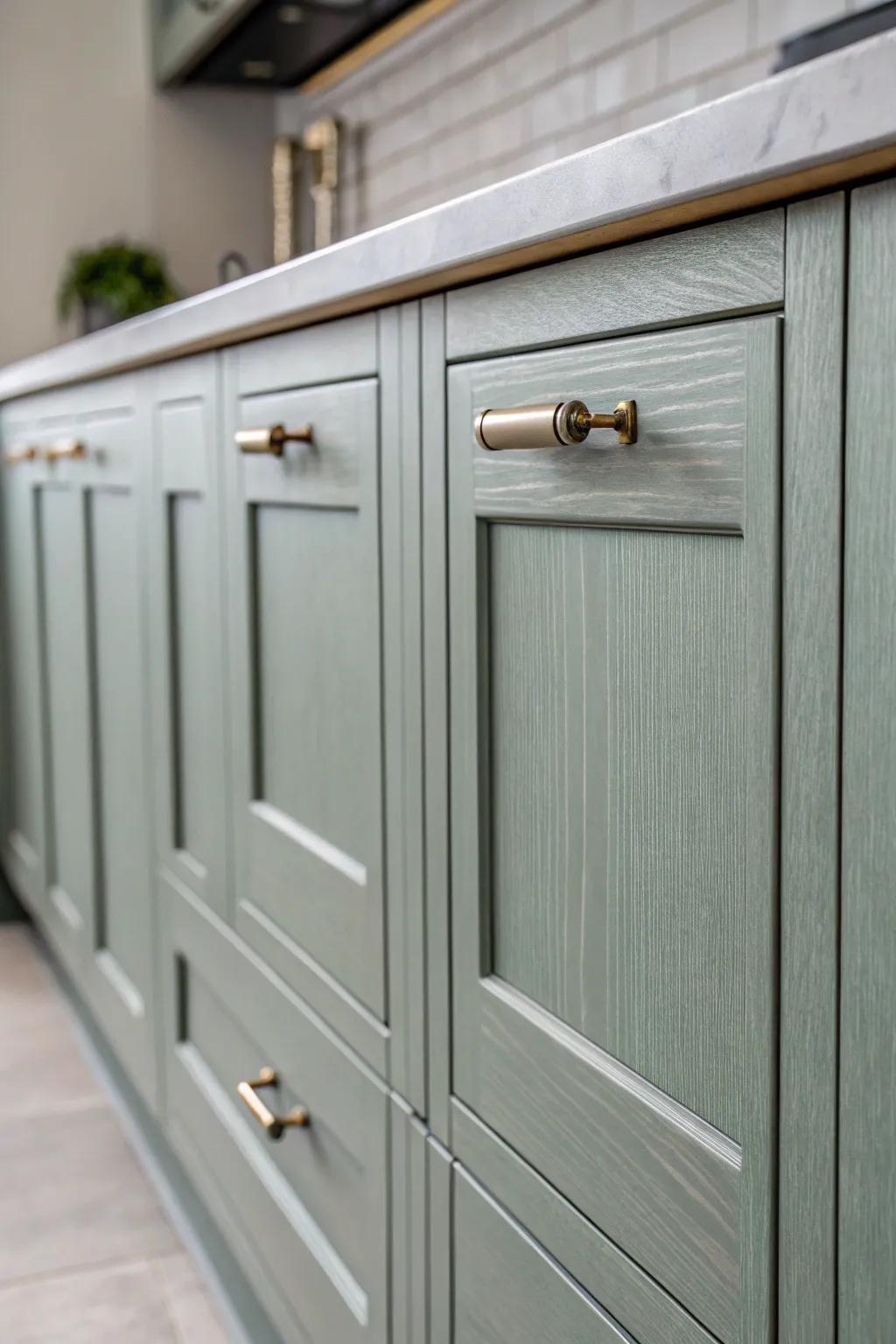 Minimalist hardware elevates the sleek design of grey-green cabinets.