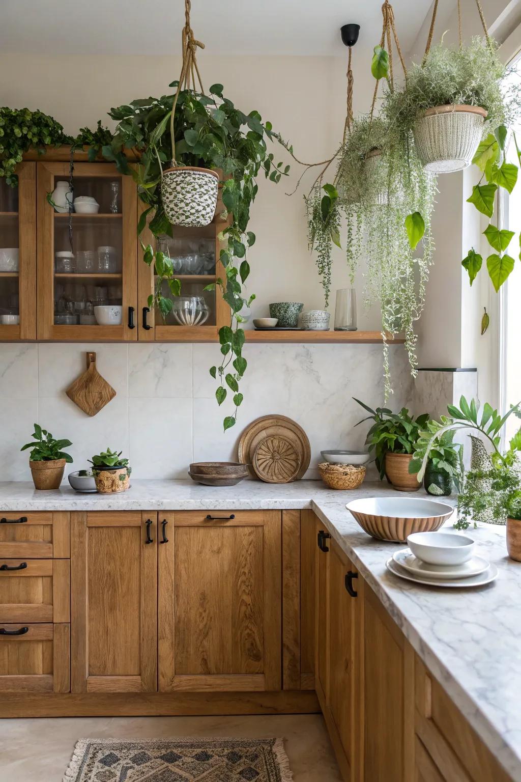 Cook amidst nature with kitchen hanging plants.