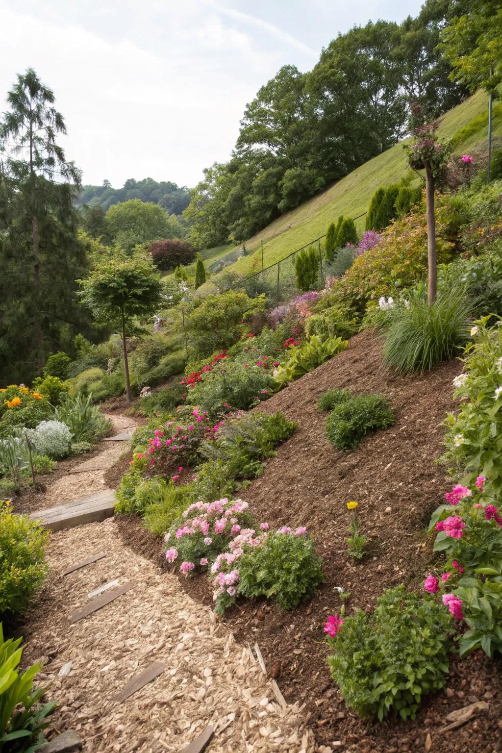Surface cover is a great way to save wetness and manage unwanted plants on a hillside.