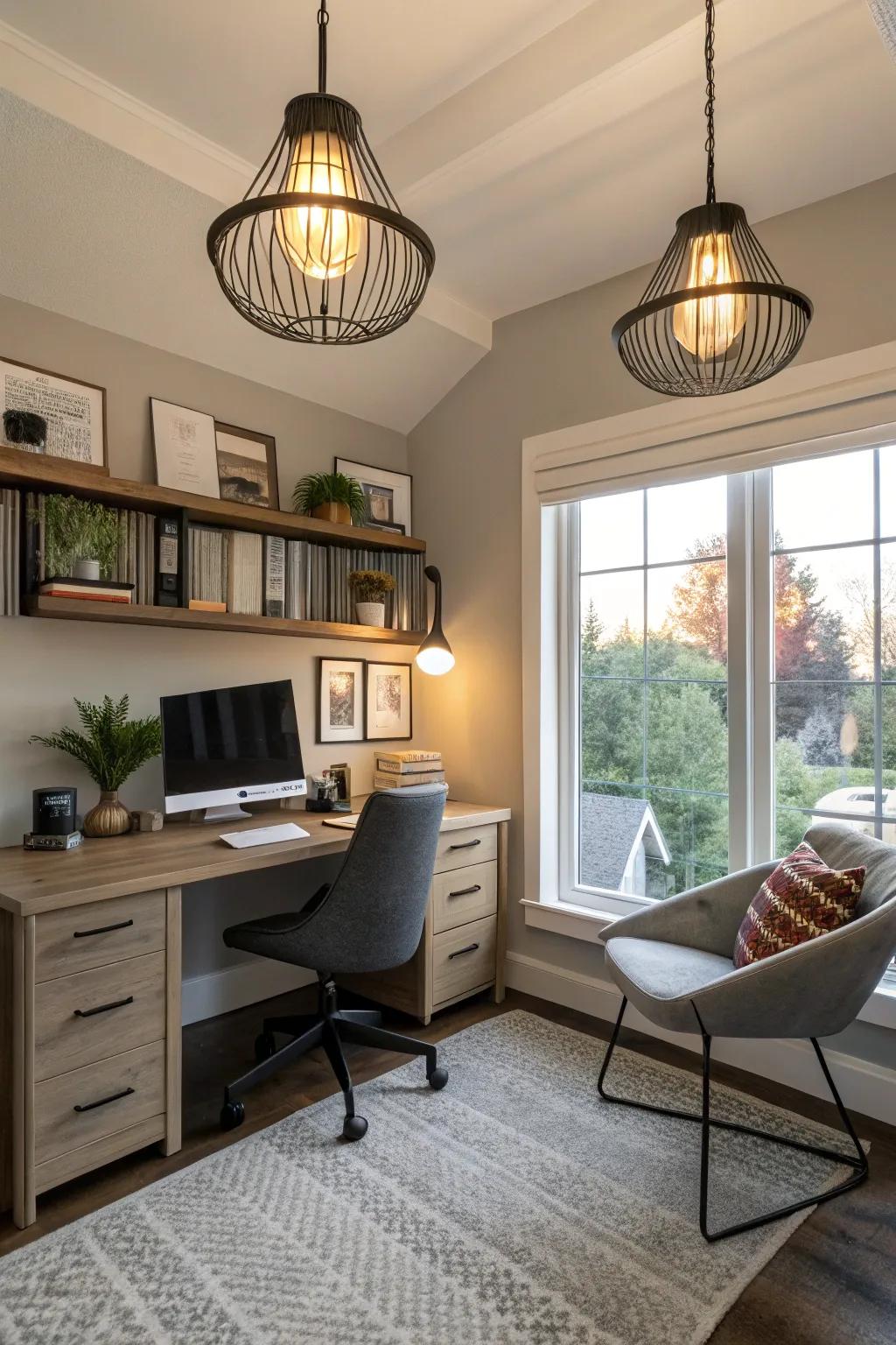 Modern lighting patterns add artistic flair to your home office.