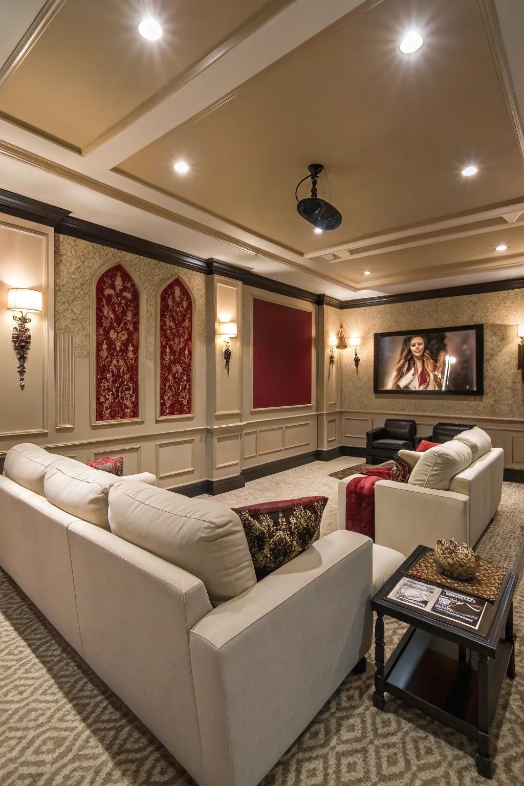 A cohesive color scheme enhances the elegance of your home theater.