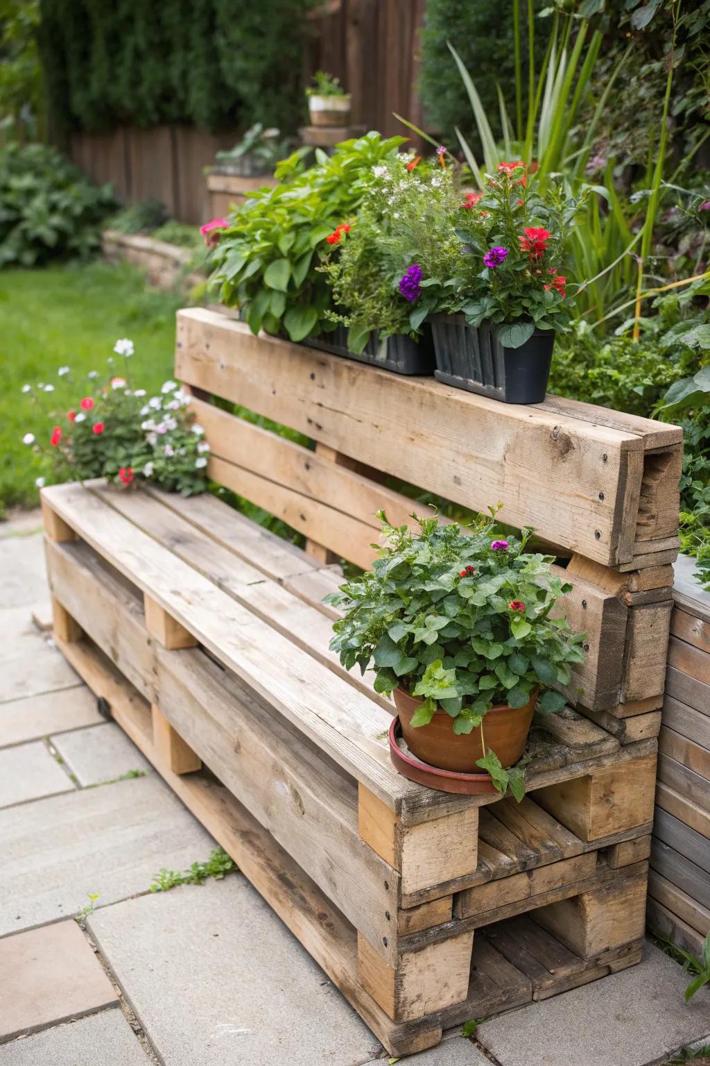 Sip your coffee in style with this handcrafted pallet bench, where comfort meets nature.