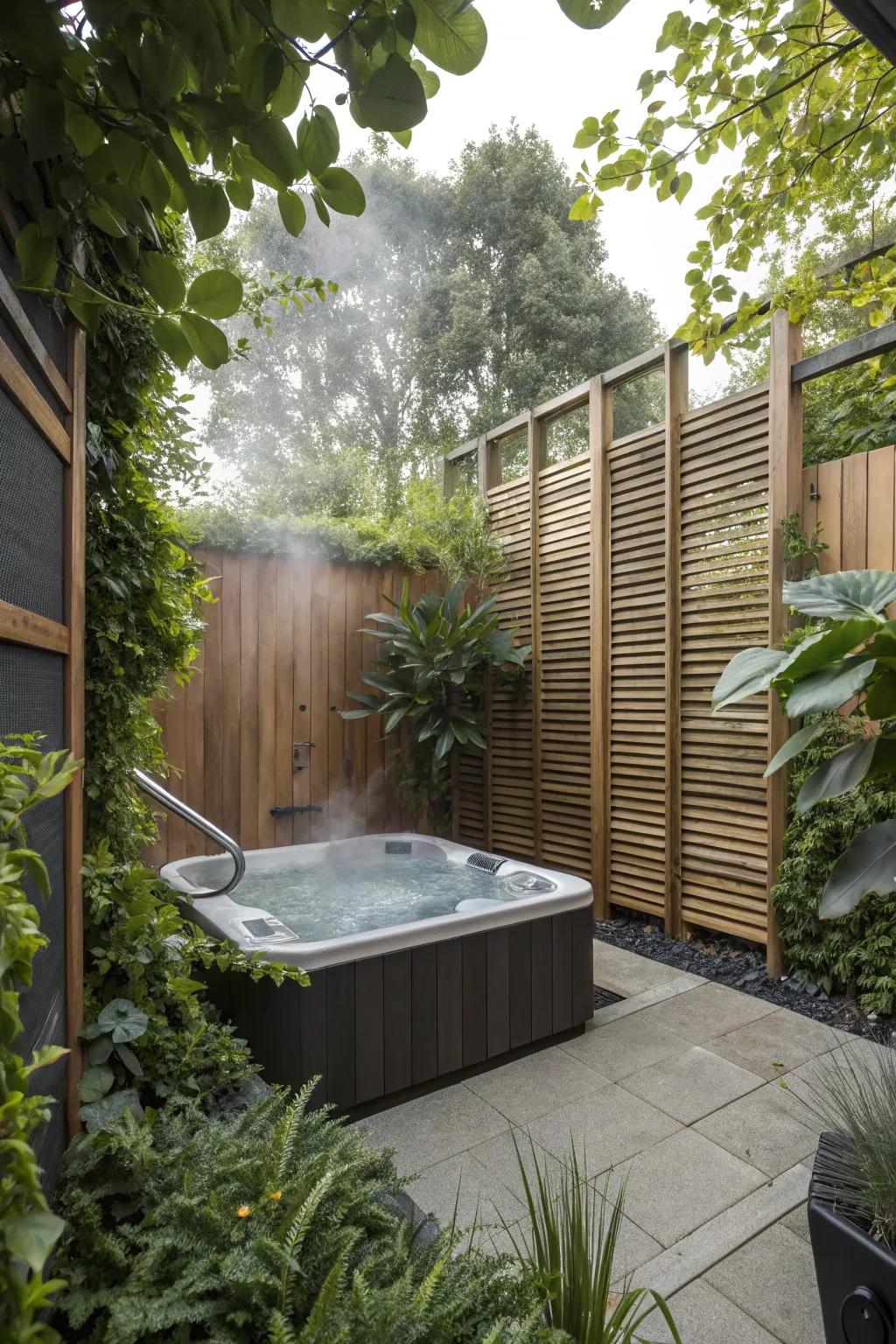 Privacy screens and plants create a secluded hot tub oasis.