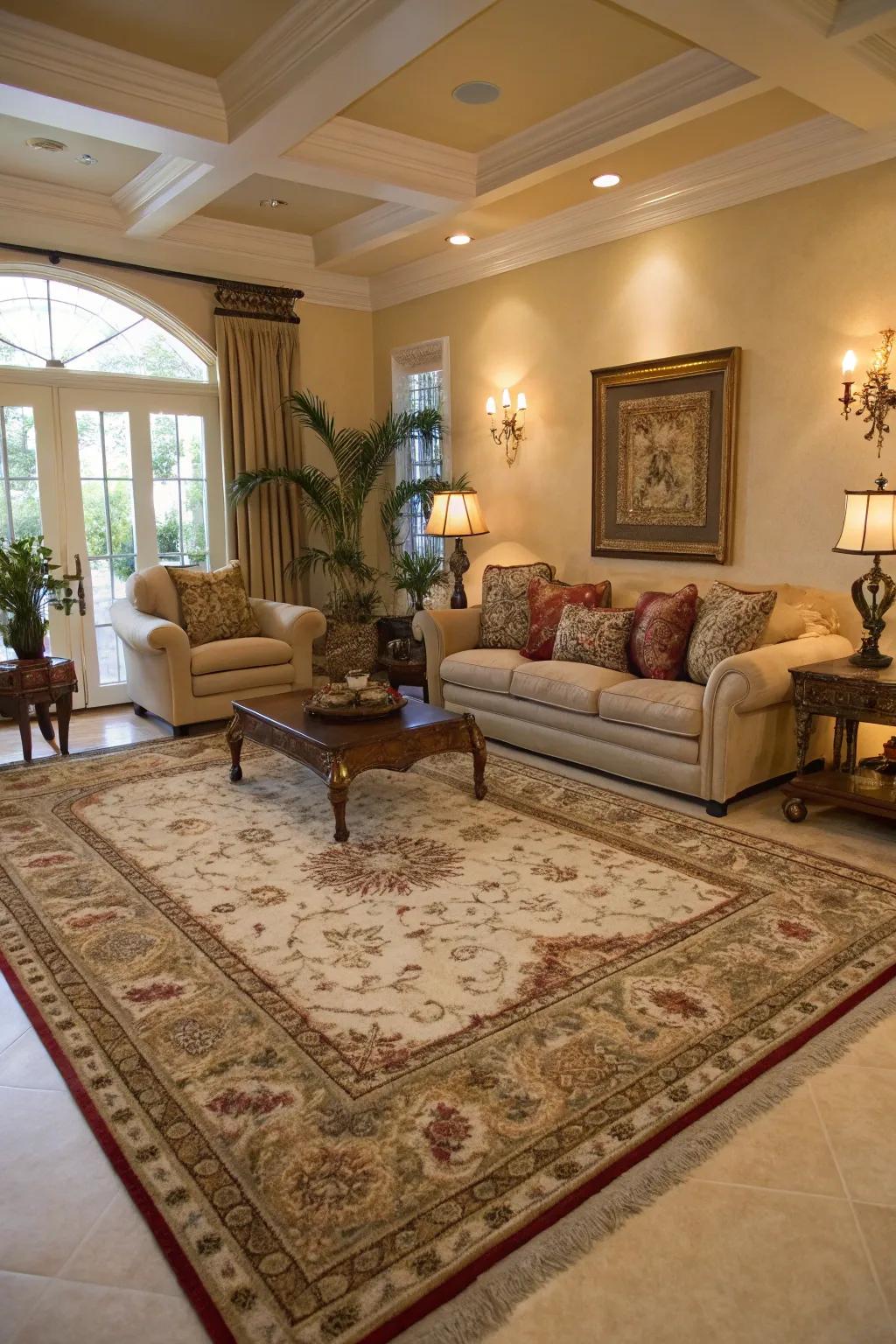 An area rug gracefully defining the living room's seating space.