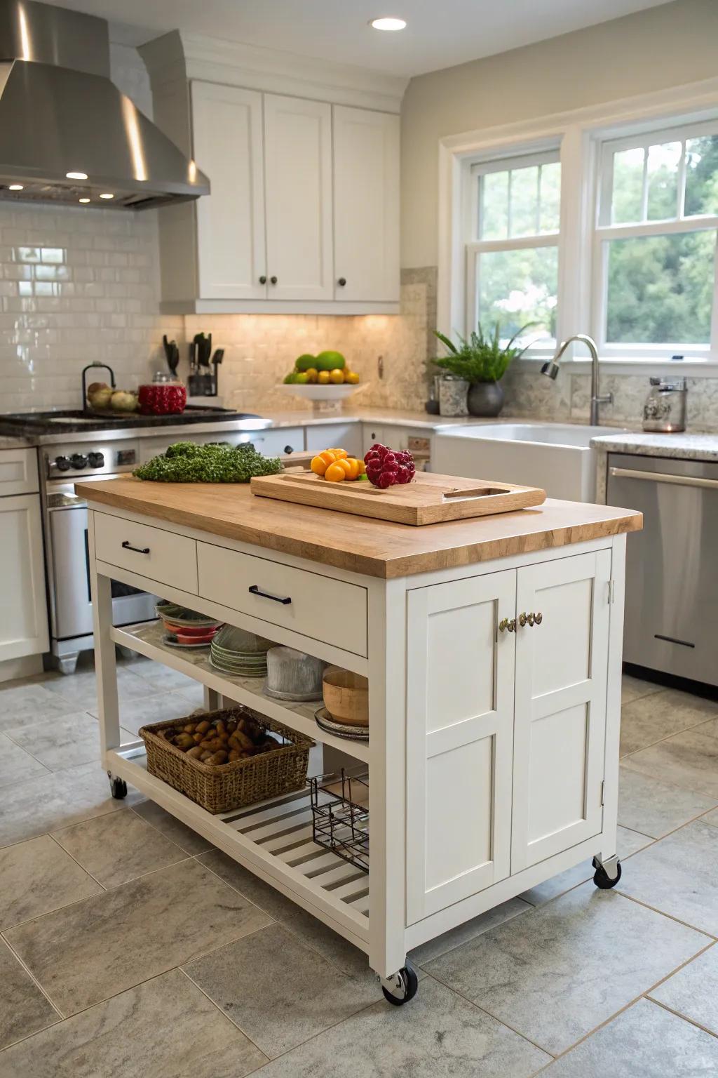 A counter on wheels adds flexibility and space.