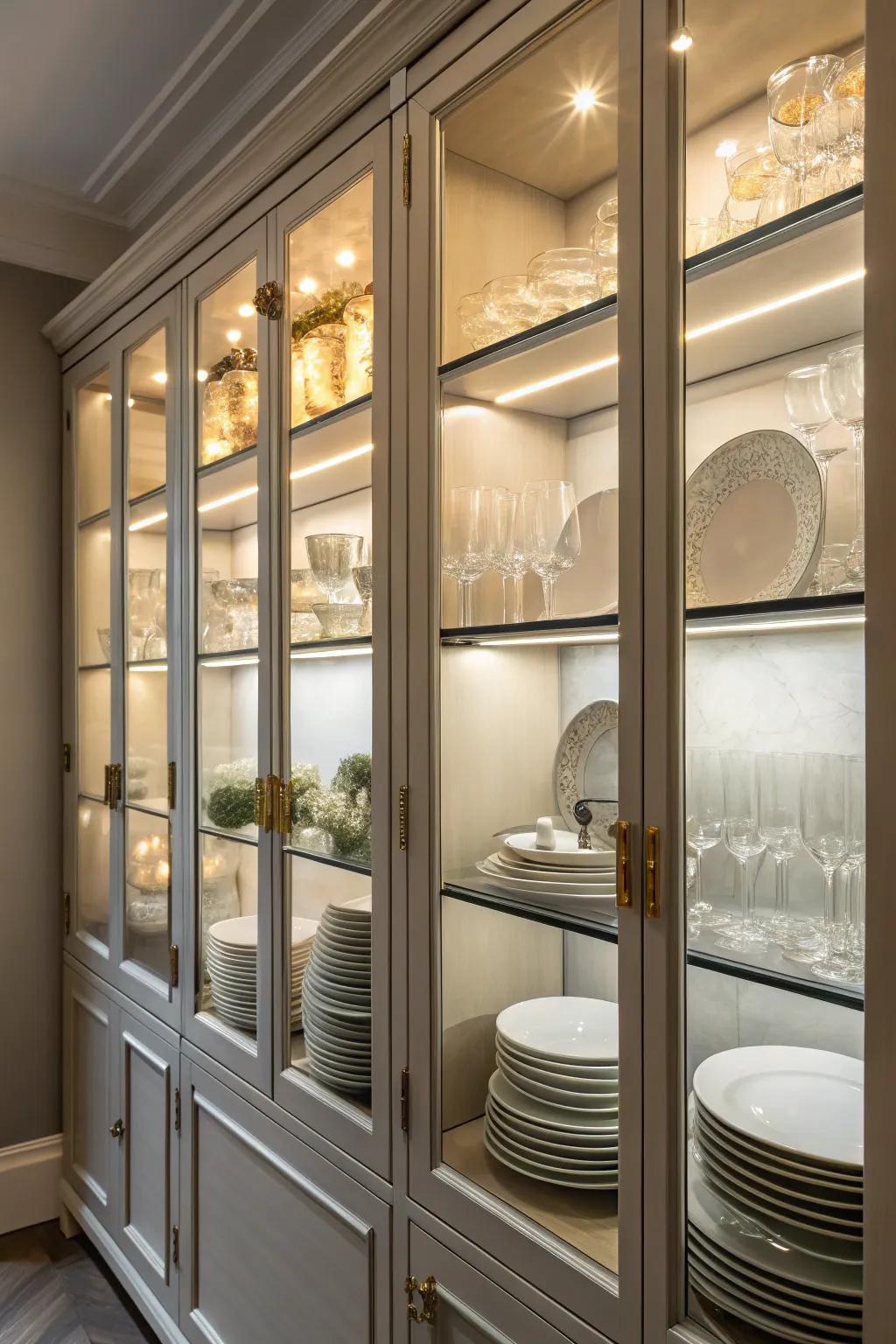 Soft lighting enhancing the beauty of the glass cabinet contents.