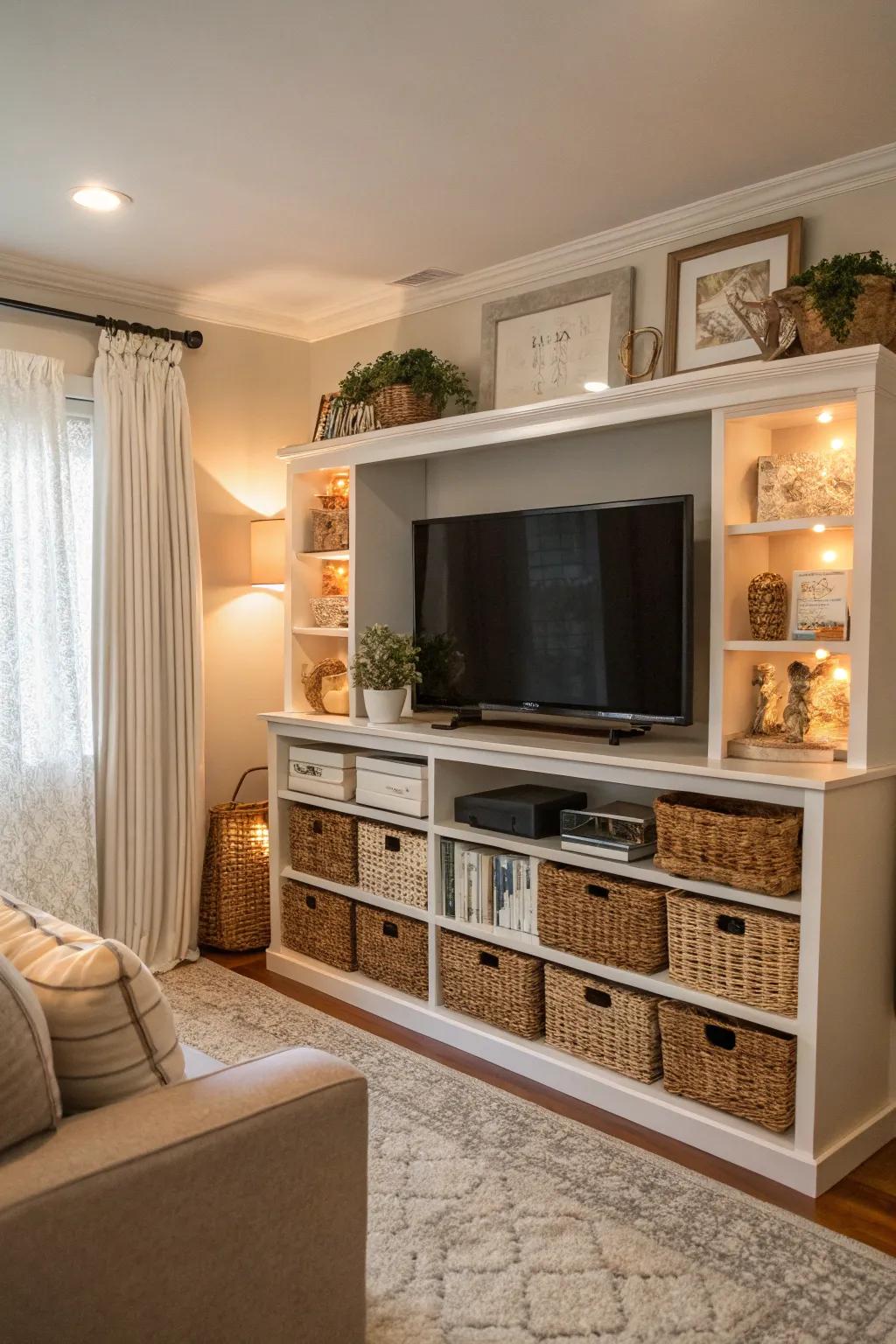 Baskets on open shelves bring style and organization to your TV area.