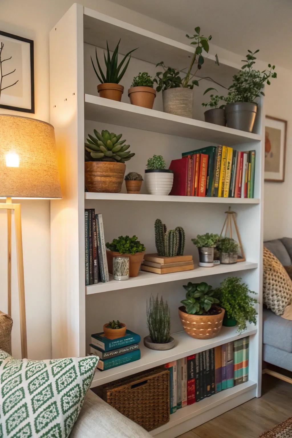 Use shelves to create a multi-layered garden display.