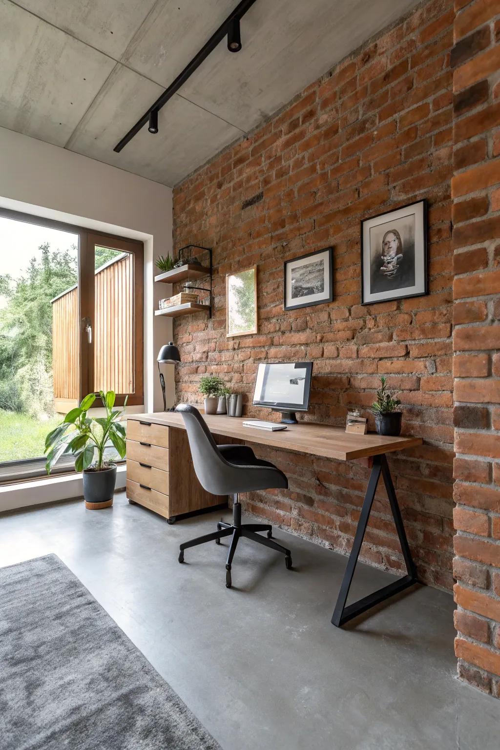Rough textures like brick and concrete add an industrial charm.