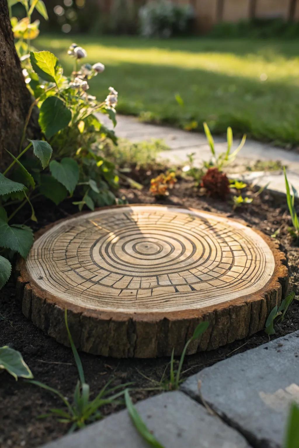 Step into nature with handcrafted wood slice stepping stones.