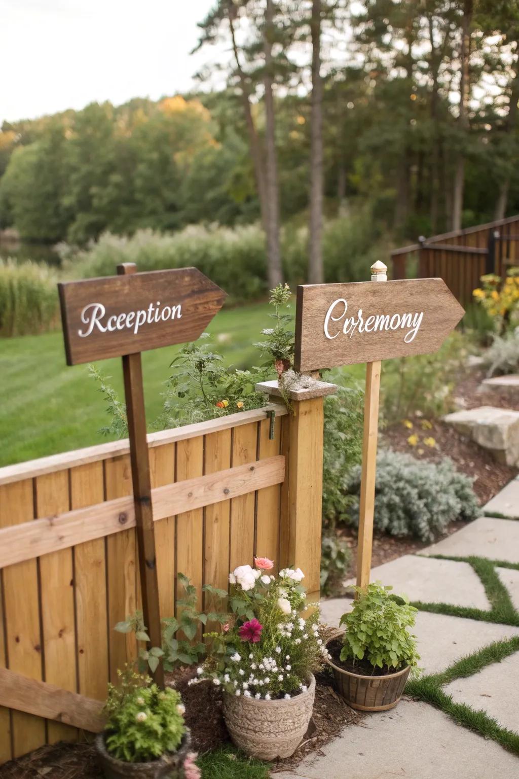 Tailored symbolic markers infuse a unique element into a backyard wedding.