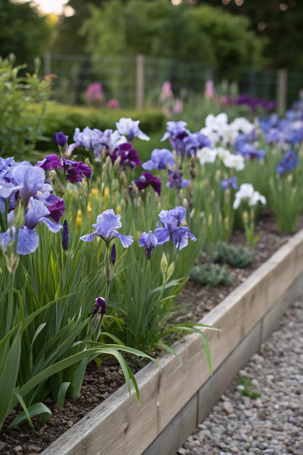 Layered planting of irises creating depth and dimension.