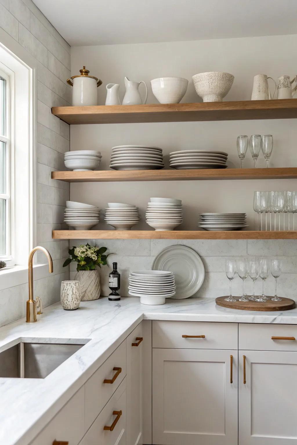 An inviting kitchen with open, airy shelves.