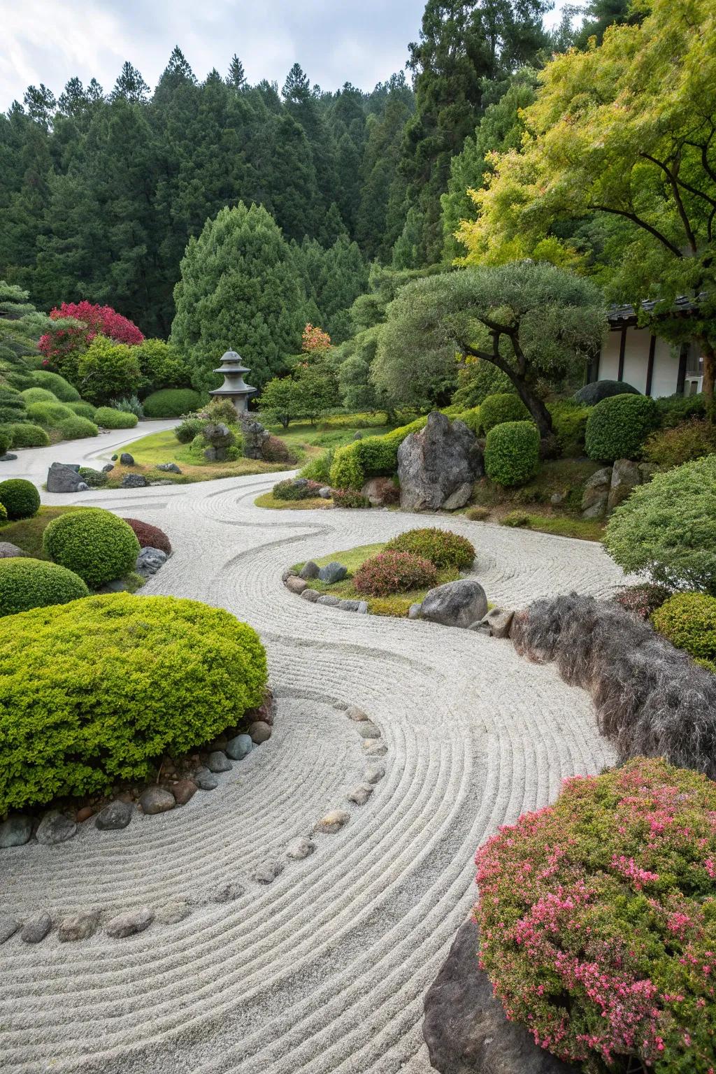 A tranquil Zen garden with meticulously designed crushed stone.
