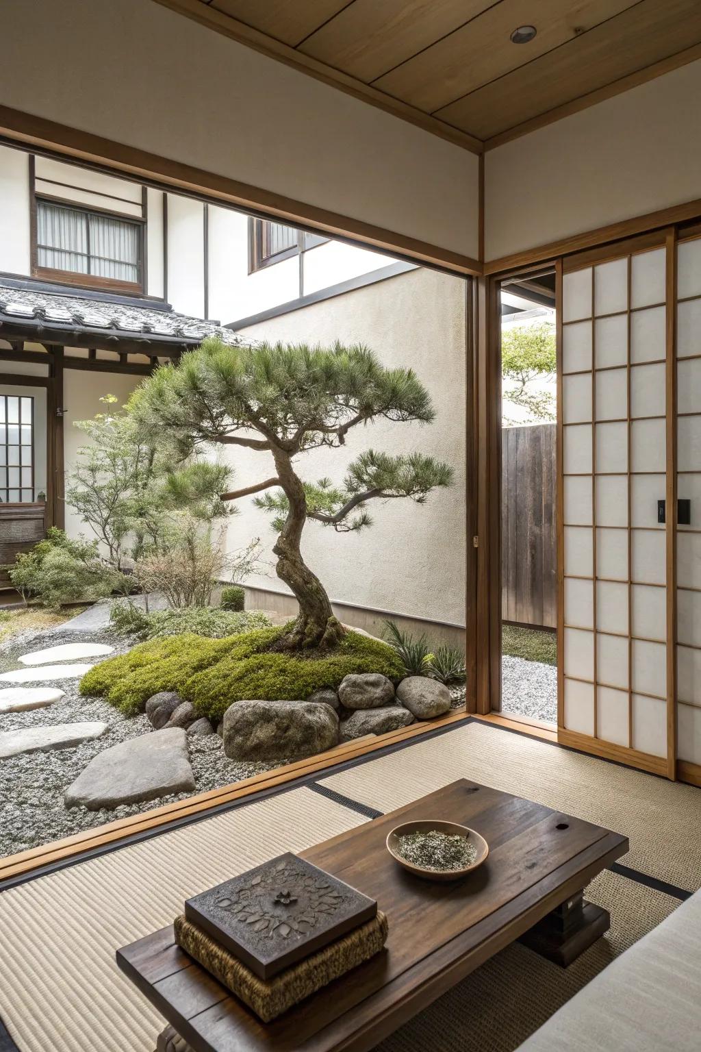 A miniature tree and Harmony garden bring tranquility to this living room setting.