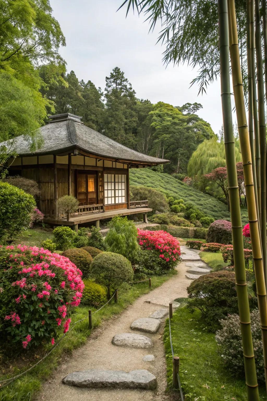 A traditional teahouse enclosed by greenery in a Japanese garden.