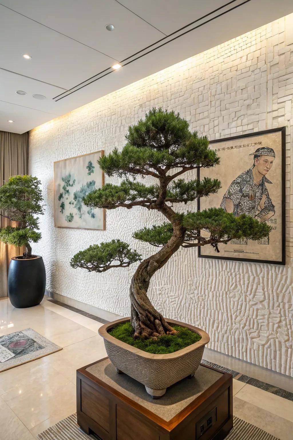 A scholar juniper bonsai standing elegantly against a textured wall in a modern room.