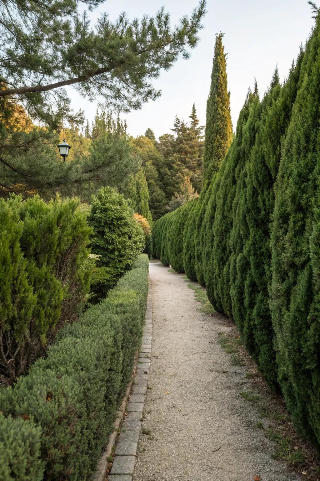 An inviting path bordered by junipers