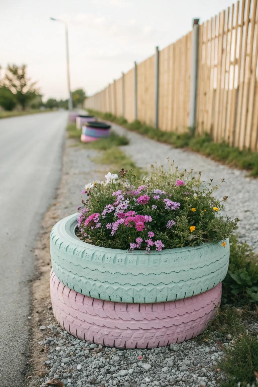 Add a splash of color to your garden with this charming DIY tire planter!