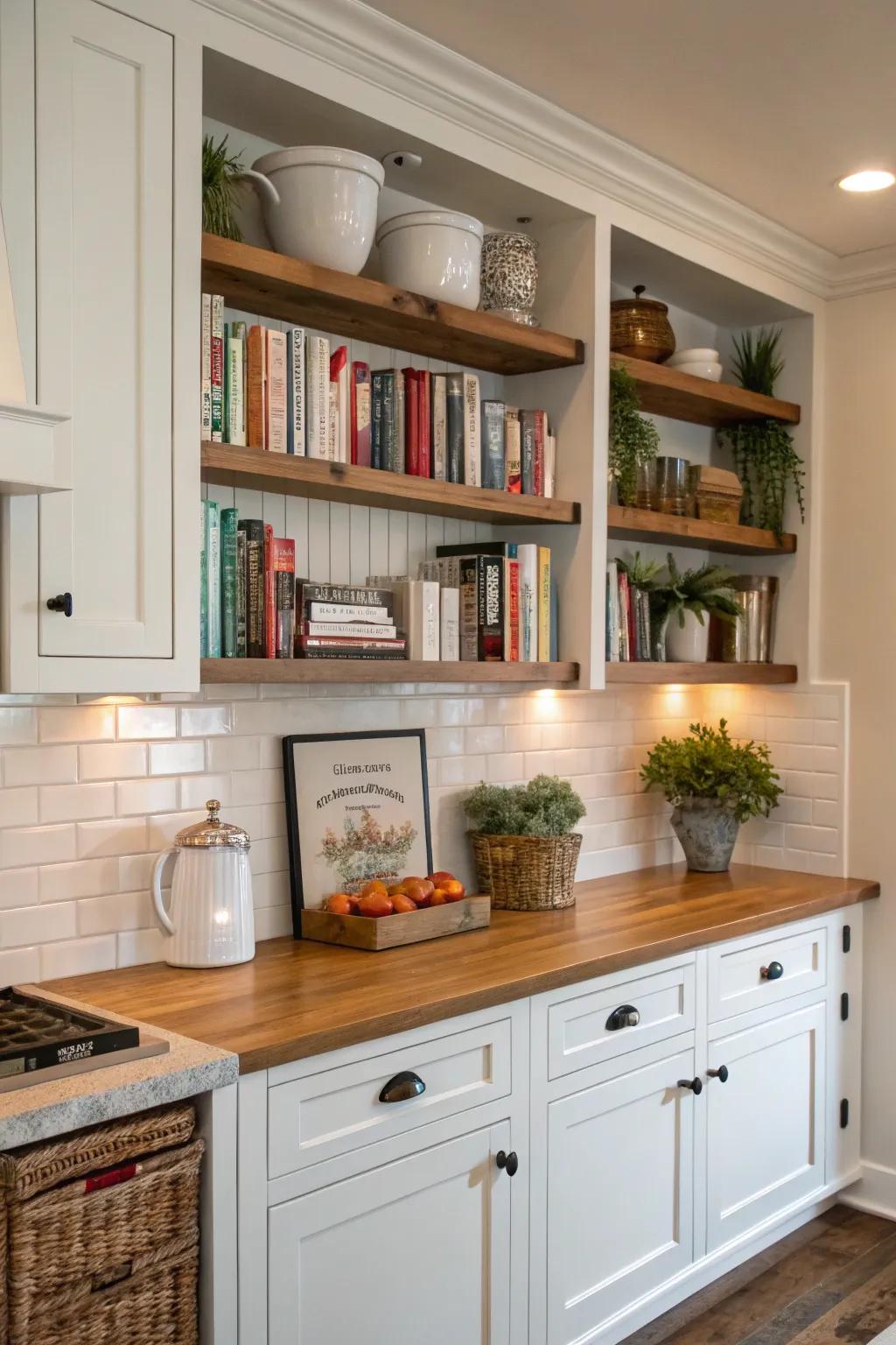 A bulkhead with built-in shelving, perfect for displaying cookbooks and decor.