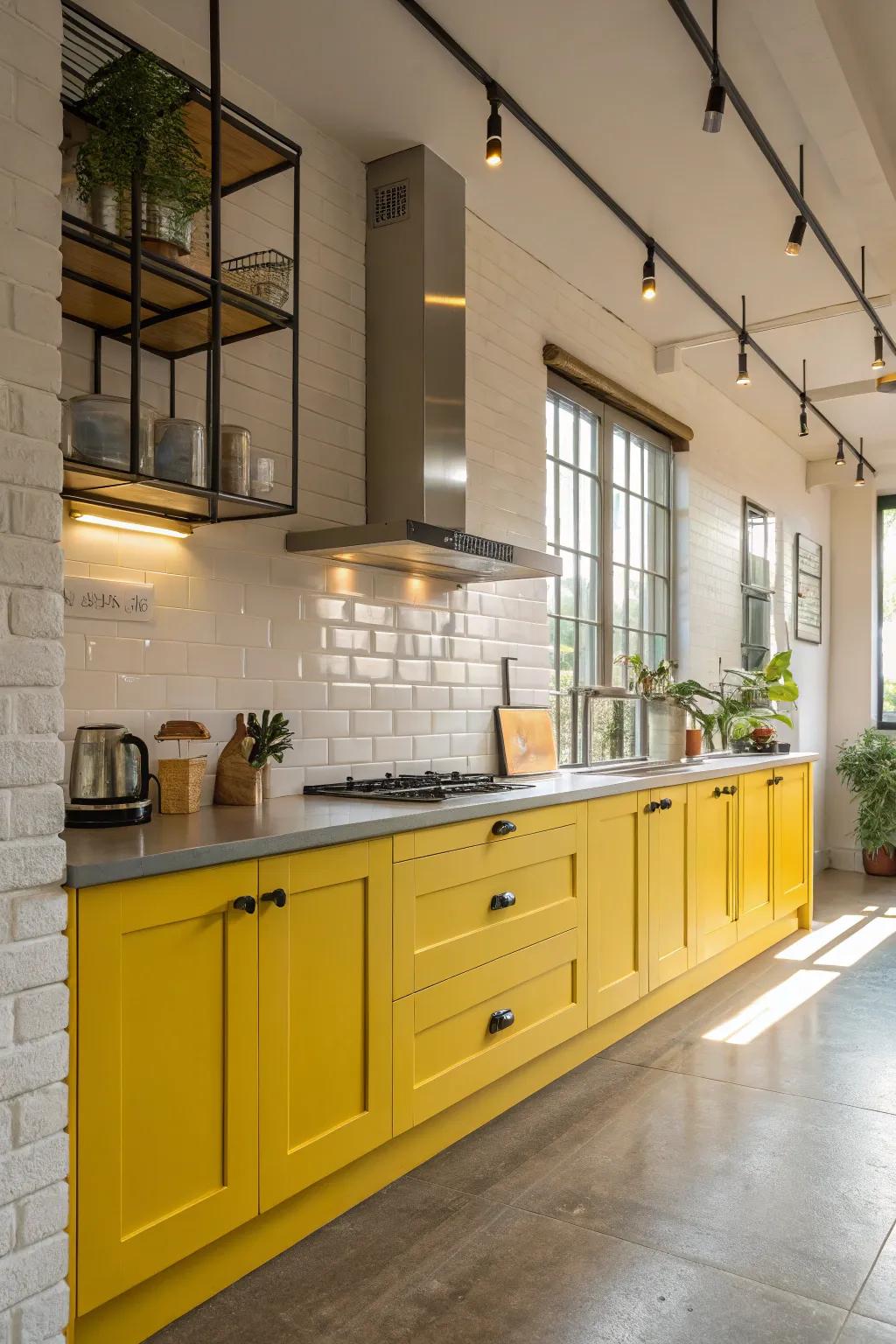 Sunshine yellow cabinets brighten up the cooking space with modern appeal.