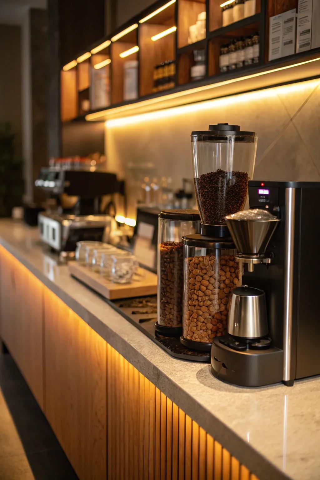 Warm lighting amplifying the allure of a kitchen coffee station.