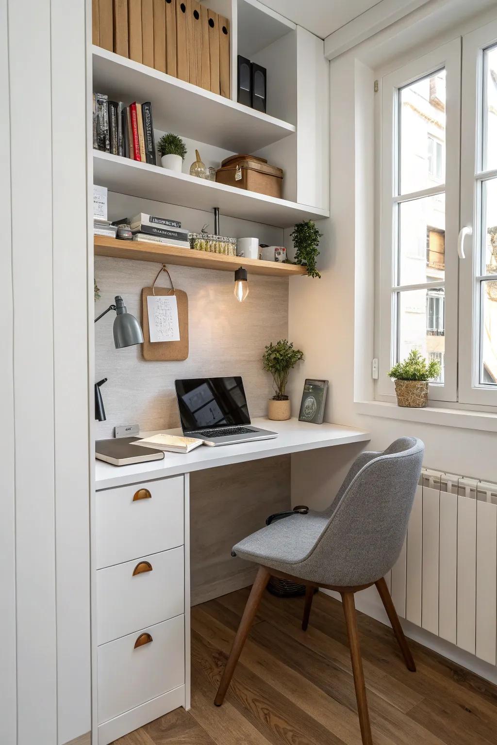 A compact kitchen desk design making efficient use of a small space.