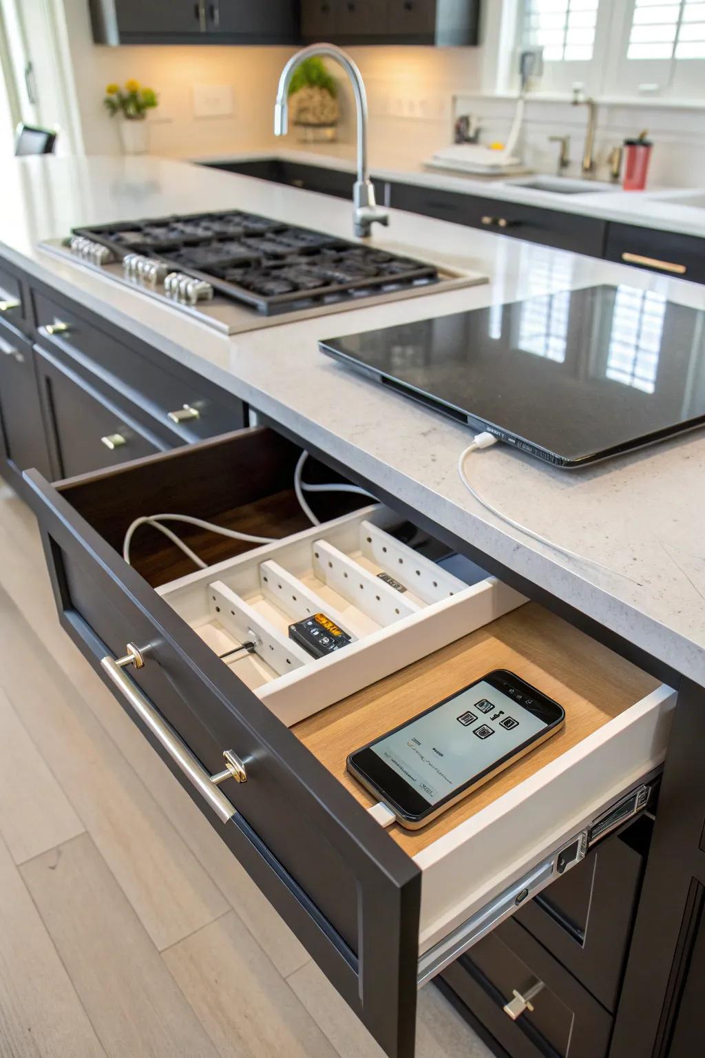 In-drawer outlets keep devices charged and out of sight.