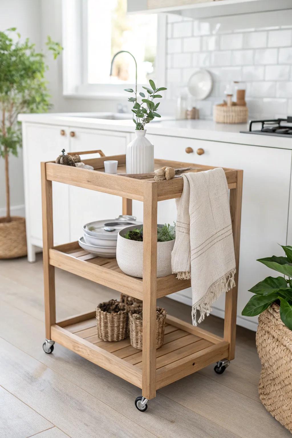Effortlessly stylish and versatile: Transform your kitchen with a chic rolling cart.