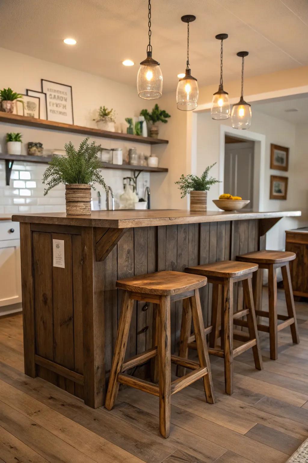 Timber barstools introduce country charm to your kitchen.